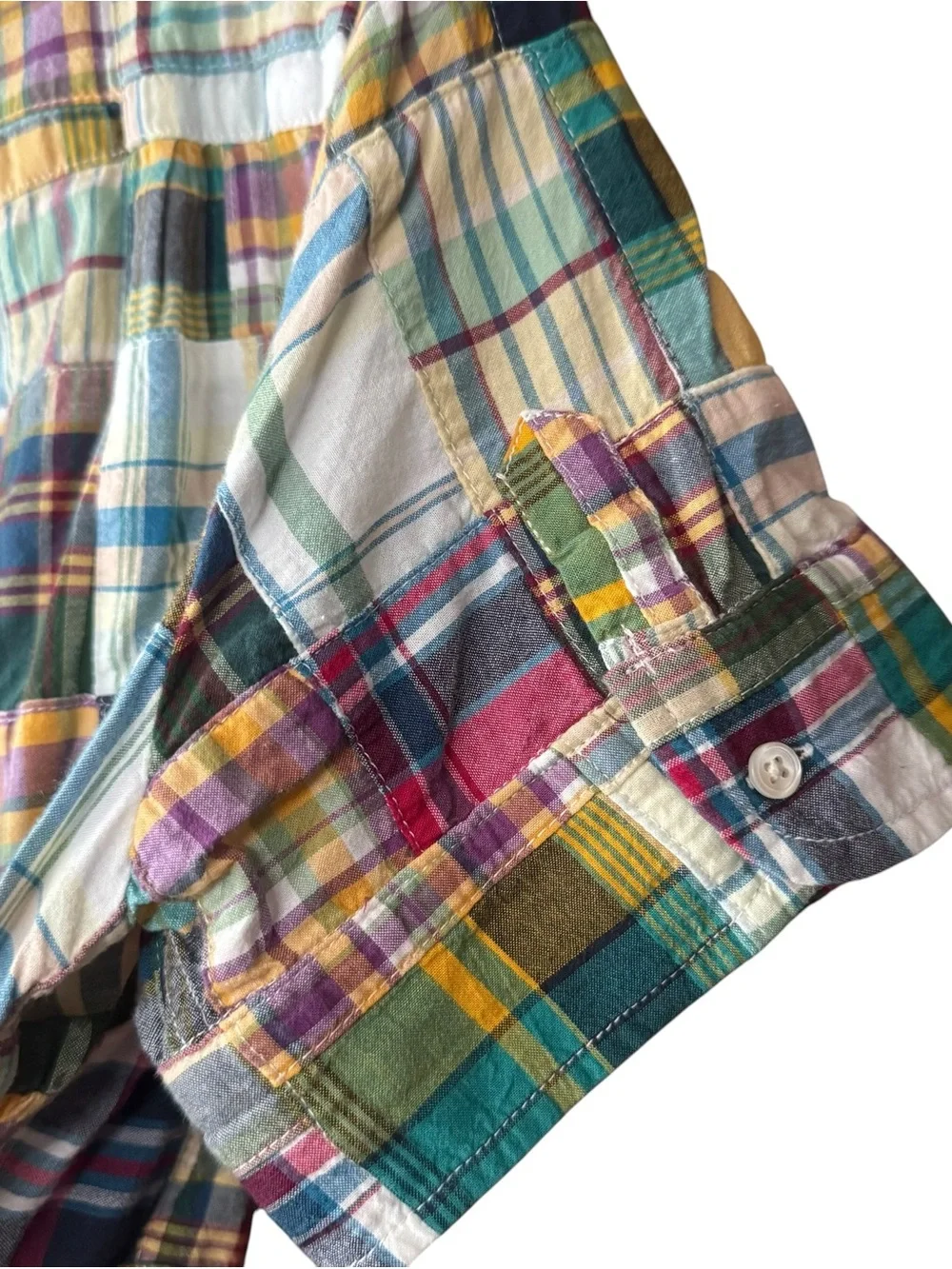 J Crew Patchwork Madras Plaid Button Front Shirt Short Sleeve Size Large
